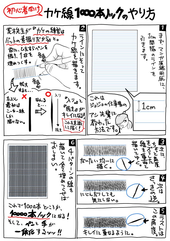 ジョジョの仕事場で教わったカケ線1000本ノックのやり方

Gペンを初めて持つくらいの初心者向けです。
使えそうと思ったらやってみてください。 