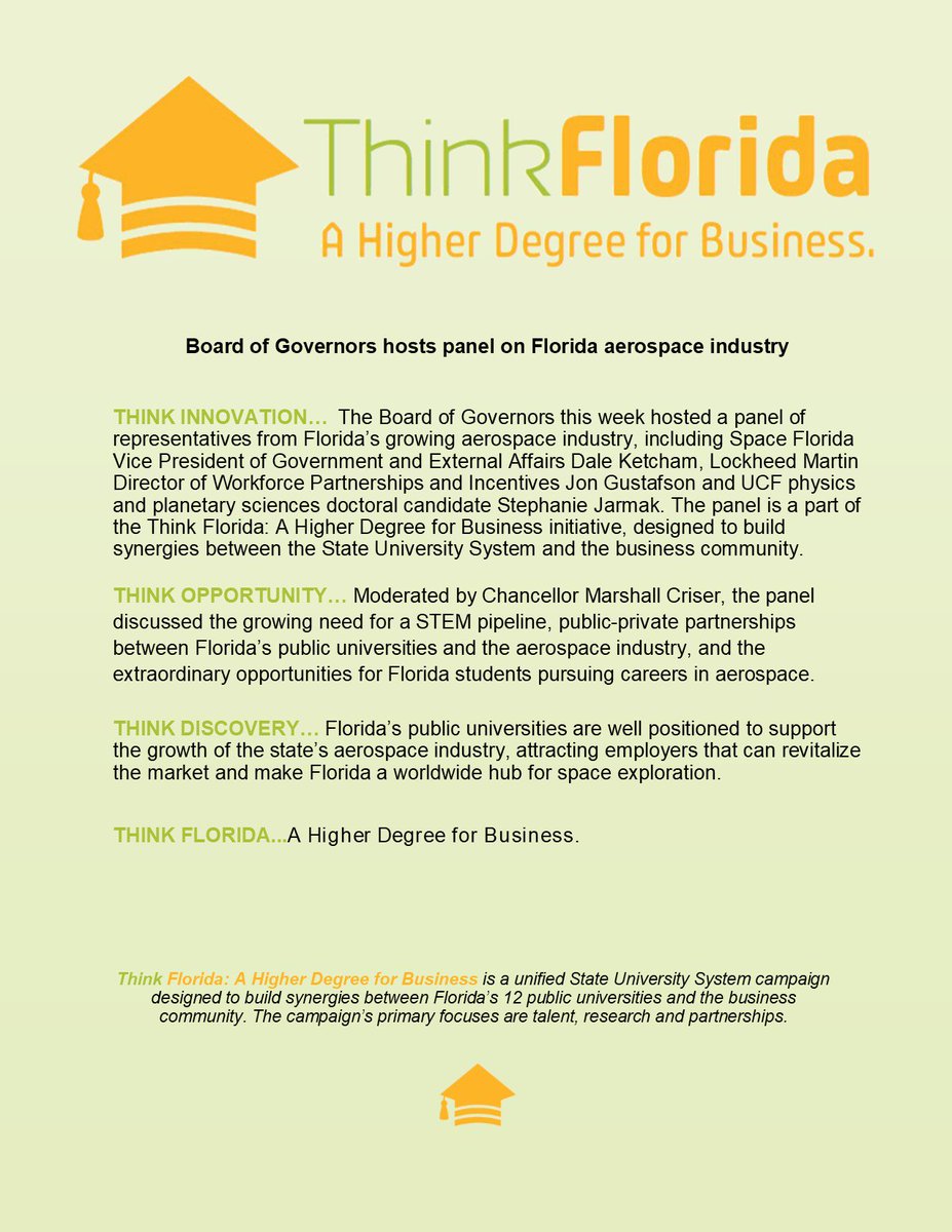 SUS_Florida's tweet image. #ThinkFlorida Board of Governors hosts panel on Florida aerospace industry