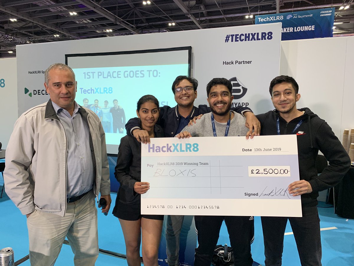 BeMyAppEMEA's tweet photo. Finally first place....congratulations Bloxis! Β£2500 plus sole great prizes from @TechXLR8 @LDNTechWeek #hackxlr8 https://t.co/4UGNuZJw0j