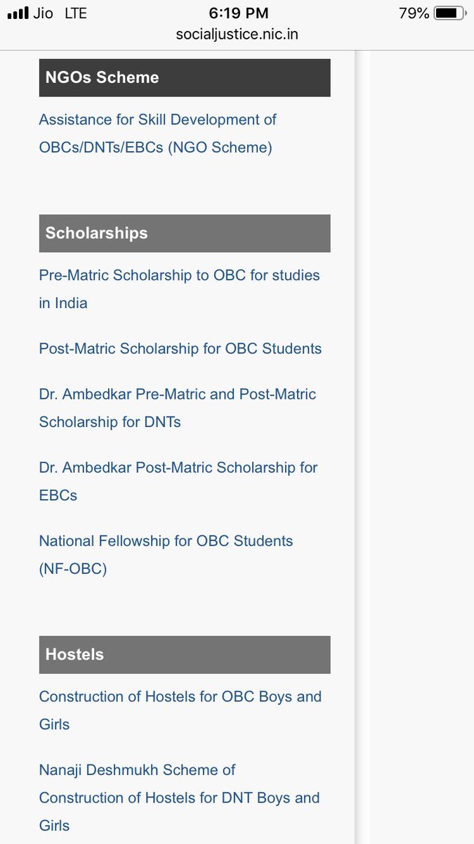 Now let us go to the next ministry - Ministry of Social Justice and Empowerment. This ministry has provides many scholarships for SCs and OBCs as can be seen in image 1 and 2, but has only 1of them onboarded (linked)to NSP (image 3) (12/n)