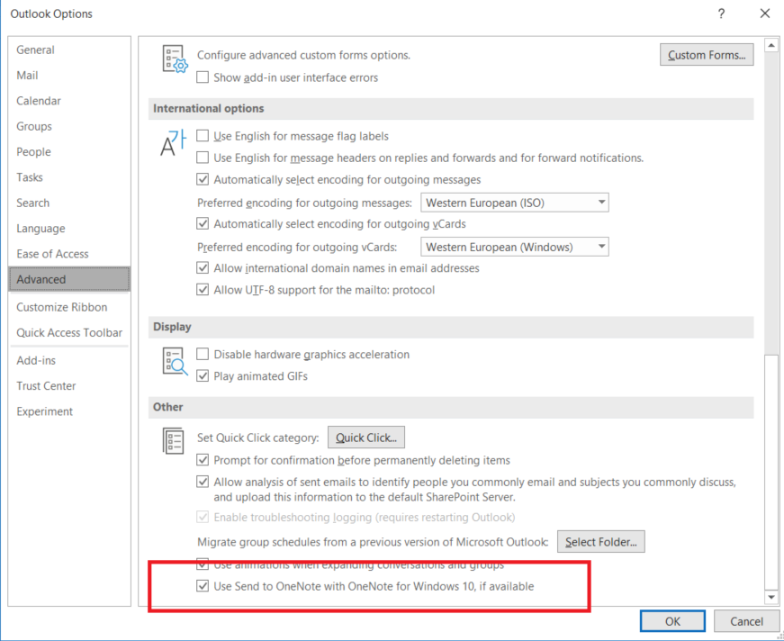 mtholfsen's tweet photo. NEW! Outlook --> Send to #OneNote Windows 10 is coming 💜 From Outlook Desktop:
1) File
2) Options
3) Advanced
4) Scroll to the bottom
5) Check on "Use Send to OneNote for OneNote Windows 10" box
You'll need Outlook on @Office365
#edtech #edchat #MIEExpert #MicrosoftEDU https://t.co/jLdl7l9f80