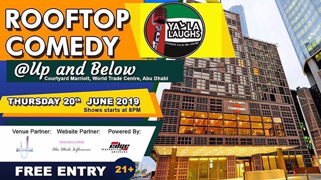 dxbsoc's tweet photo. @yallalaughs monthly Rooftop Stand Up Comedy Night at Up&amp;Below @courtyard_auh (World Trade Centre, Abu Dhabi)

Featuring some of the funniest comedians in the Middle East. 
Thursday 20th June
8pm
Free Entry +21

#standupcomedy #rooftop #abudhabi #abudhabievents #abudhabinigh… https://t.co/iTL8m6Hlro