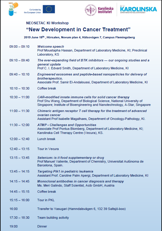 NEOSETAC_info's tweet photo. We are organizing the second NEOSETAC  workshop:“New Developments in Cancer Treatment” to be held in Karolinska Institutet (Stockholm/Sweden) next June 18th, 2019. You are invited!!No registration fee! @NanomedSpain @EuropeanCommiss @PRUAB @MSCActions @jesusrojo76 @FCienciesUAB https://t.co/GuiNZqgylP