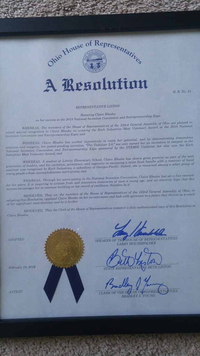InventionLeague's tweet photo. Congratulations to #OHInventionleague #kidinventors Claire,Grace & Suvan for being recognized on the Ohio House floor, yesterday, for the accomplishments in our Ohio program and the National #inventionconvention #USInventCon by their State Rep. Beth Liston! Invent on! https://t.co/uxliX672AM