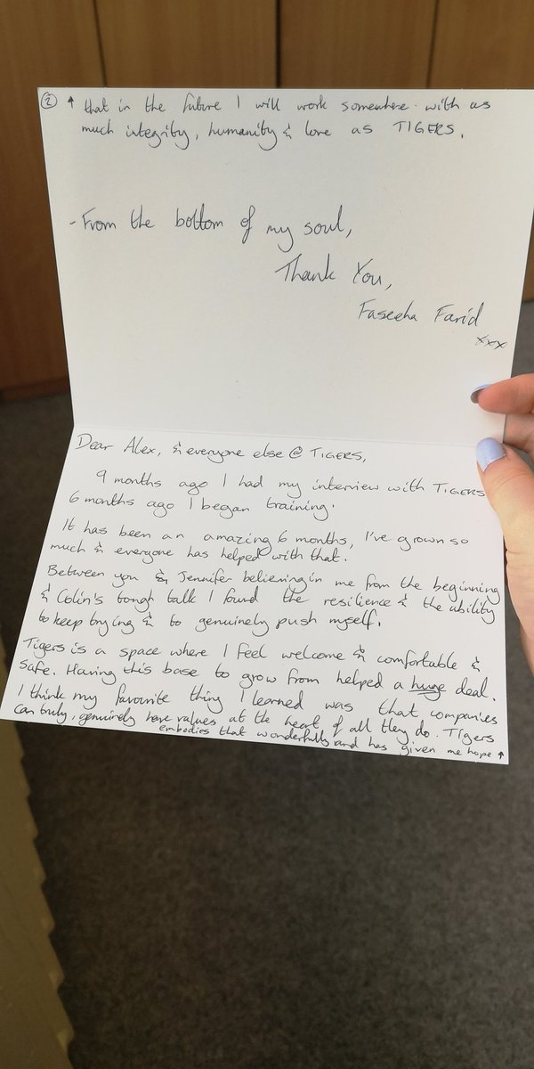 TIGERS_UK's tweet image. This is #RelationshipLedPractice, Faseeha Farid #BusinessSkills #Trainee, dropped this heart-felt card off to say thank you. Faseeha now works at Wishaw General Hospital as an #Administrator, she expressed TIGERS &apos;is a space where I feel welcome, comfortable &amp;amp; safe&apos;