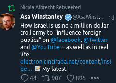 Zum wiederholten Mal retweetet @NicolaAlbrecht notorisch antisemitische Plattform, diesmal Electronic Intifada. Vom Inhalt des Artikels ganz zu schweigen.
Es lässt tief blicken, was hier regelmäßig als legitime Quelle betrachtet und dann via RT aufgewertet wird. @ZDF @ReporterZDF