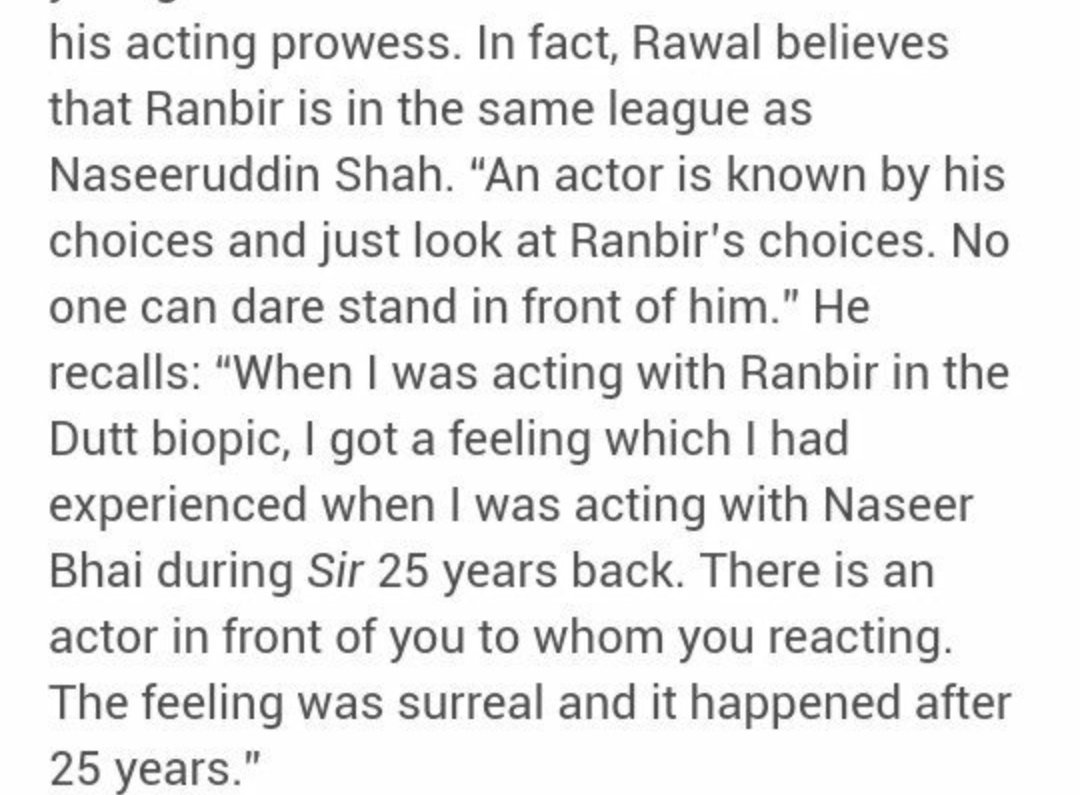 Pareshrawal about  #RanbirKapoor .Ranbir is in the same league as Naseeruddin Shah.