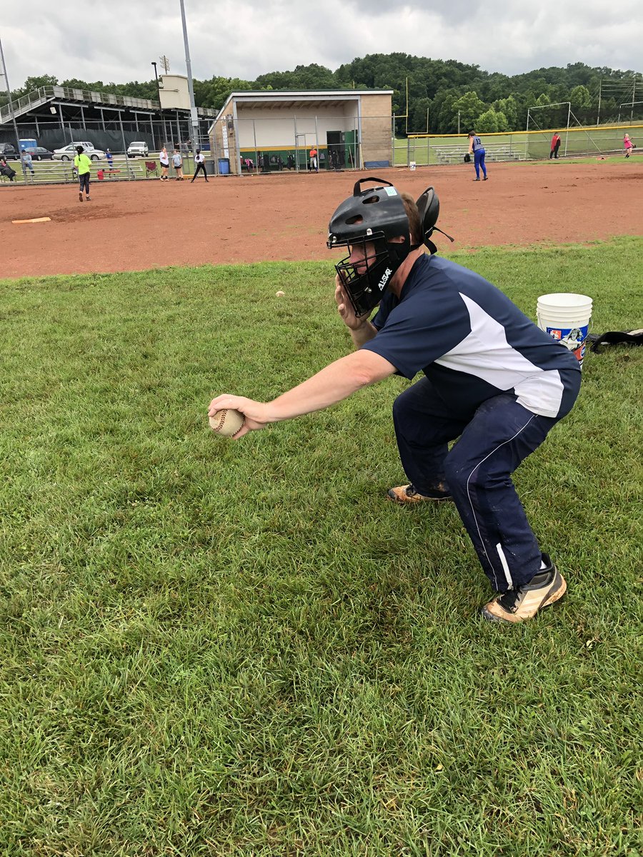 Day 4- Pitching and Catching! The catchers got to try out the gear and learned how to frame, block, catch pop-ups and get into throwing position. Then they had their throwing speed clocked from behind the plate. 🥎