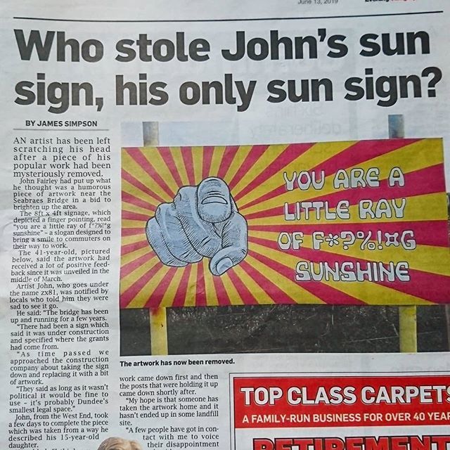 Would be great to find out what happened to it, hate to think it's in landfill somewhere 😔
Nice wee article by the Tele tonight...
#sunnydundee #sunshine  #graffiti #graffiti #streetart #instaart #instaartist #dundeeart #dundeestreetart #scottishstre… bit.ly/31voK8a