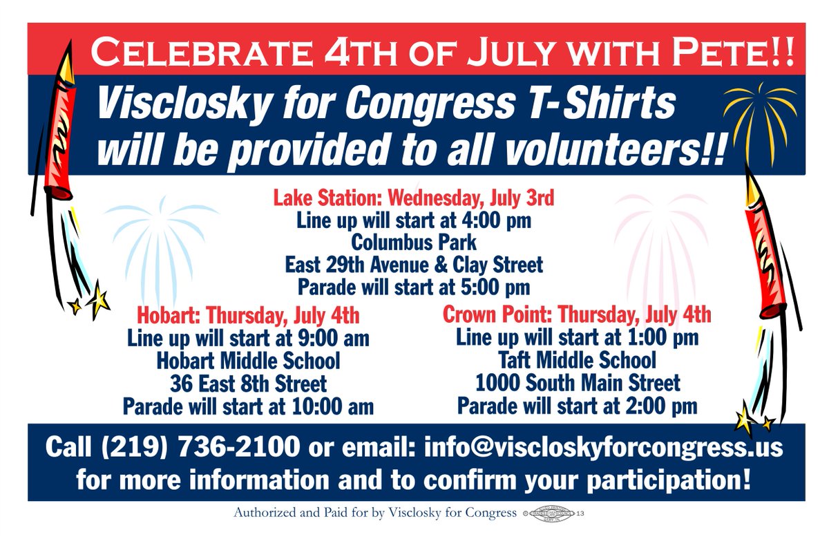 TeamVisclosky's tweet photo. Join me in celebrating Independence Day by walking in a Northwest Indiana parade! Sign-up at this link: https://t.co/w8octfMN22 https://t.co/eAulPOZgwK
