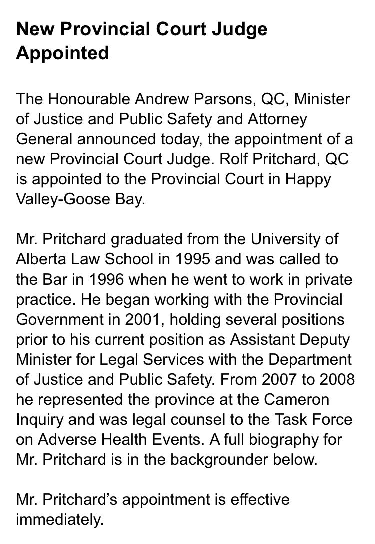 JPS_GovNL's tweet image. Rolf Pritchard, QC, has been appointed Provincial Court Judge.  tinyurl.com/y5tk8434