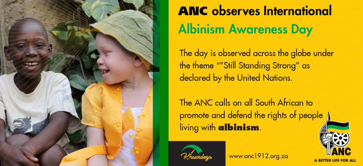 MYANC's tweet photo. The ANC joins millions of people across the world in observing International Albinism Awareness Day. The day is observed across the globe under the theme “Still Standing Strong” as declared by the United Nations. #IAAD2019 https://t.co/z9HAeCmwjM