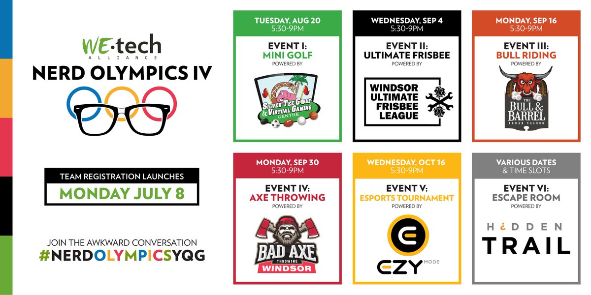 The Events of #NerdOlympicsYQG IV are confirmed!

• Event 1 - #MiniGolf 
• Event 2 - #UltimateFrisbee
• Event 3 - #BullRiding
• Event 4 - #AxeThrowing
• Event 5 - #Esports
• Event 6 - #EscapeRoom 

Team registration launches July 8!

#YQG #CKont #TeamBuilding #TechCommunity