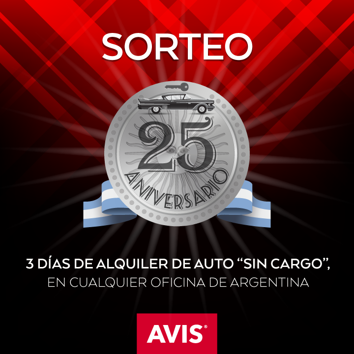 ¡Cumplimos 25 años en #Argentina! Realizamos un #sorteo de 3 días de alquiler de un #auto ¿Cómo participar? Ingresa aquí:  bit.ly/2IFRORQ  #Avis25Aniversario