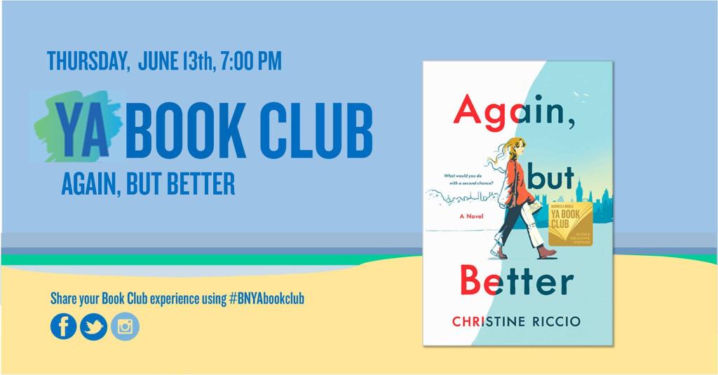 crm2691's tweet photo. Tonight is the kickoff of our #yabookclub featuring Again, But Better by Christine Riccio. You won't want to miss this! https://t.co/LWYsStlQjc
