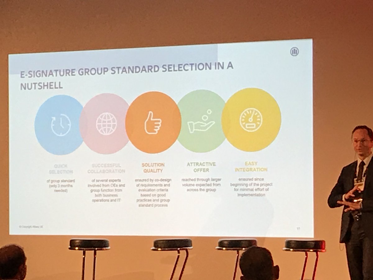 WeAreQorus's tweet photo. Hermann Alexander Lammer @Allianz &amp; his partner Klaus Fellner @NamirialGroup on stage at #efmaINS19: Taking e-signatures seriously 👉 Accelerate digital adoption while meeting global requirements 🔏 

#Collaboration #SimplicityFirst #Disruption #eIDAS #ElectronicSignature https://t.co/bT4qvI7BR4