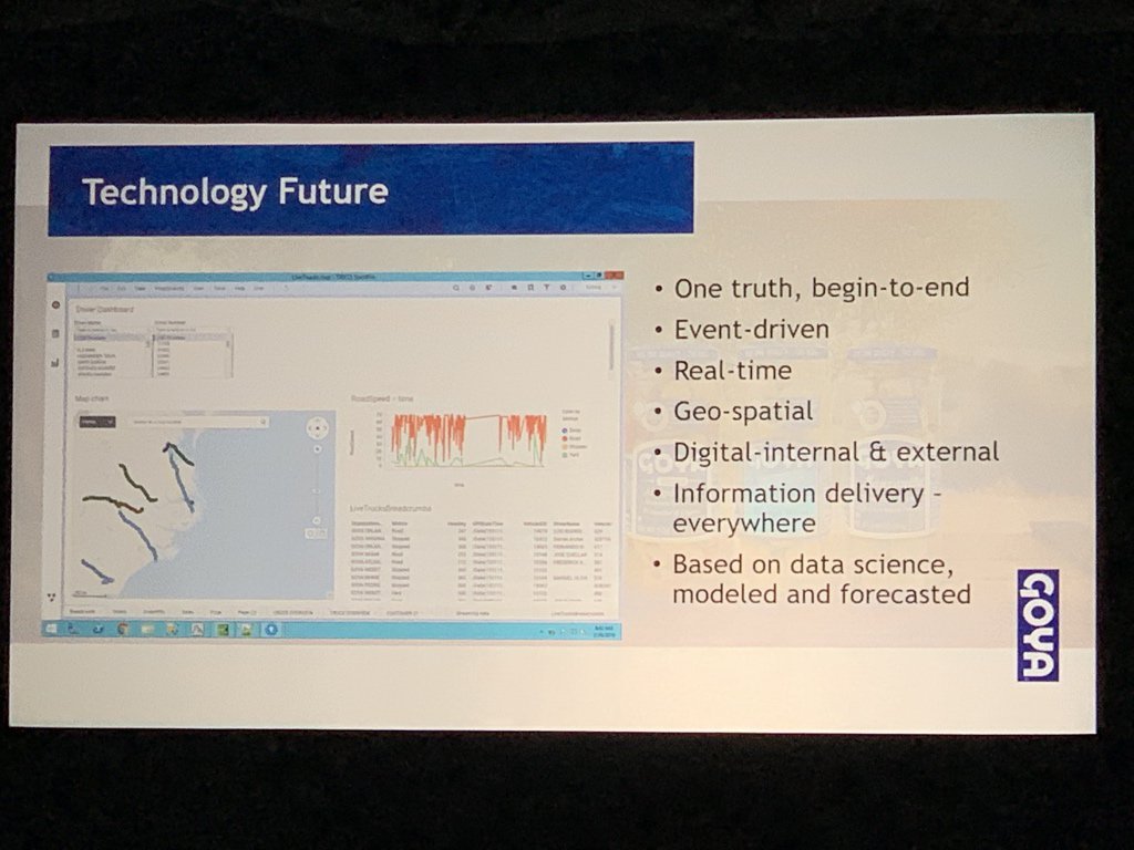 mrkwpalmer's tweet photo. Where is my truck? Real-time analytics at  @GoyaFoods #DigitalTransformation with @TIBCO. Suvajit Basu at #TIBCONOW https://t.co/Y57QczPr9a