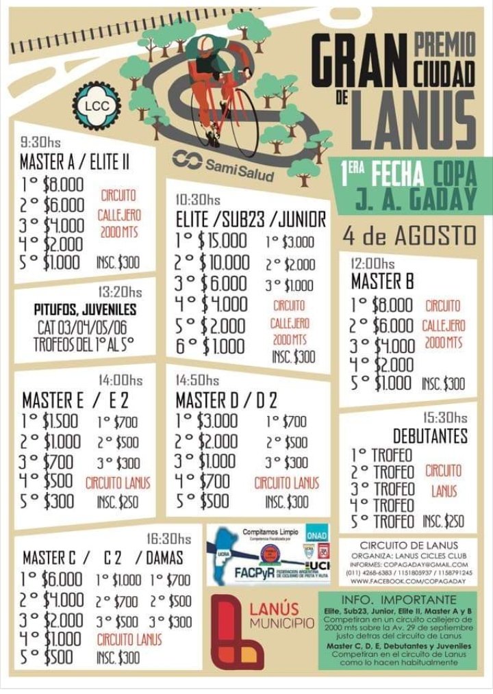 LanusCiclesClub's tweet photo. Después de mucho trabajo, junto con Lanús Cicles Club y la Familia Richard presentamos el GRAN PREMIO CIUDAD DE LANÚS! 

Será la 1era Fecha de la 2da Copa Jorge A. Gaday!

4 de Agosto de 2019 a partir de las 9:30 hs los esperamos para vivir una fiesta de ciclismo! https://t.co/8NGfXxXHd8