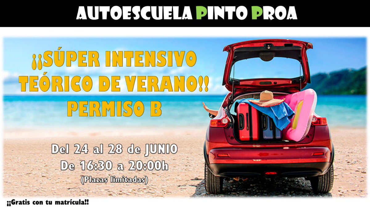 PintoProa's tweet photo. ☀️Súper Intensivo Verano ☀️
📌Aprueba tu examen en verano con este curso intensivo de 5 días!!!
📆Del 24 al 28 de Junio.
⏰ De 16:30 a 20:00
⚡️Corre, solo hay 2️⃣0️⃣ Plazas!! 
#pintoproa #intensivo #permisob #autoescuela #pinto #teorico #aptos #dgt https://t.co/KBkbKScybO