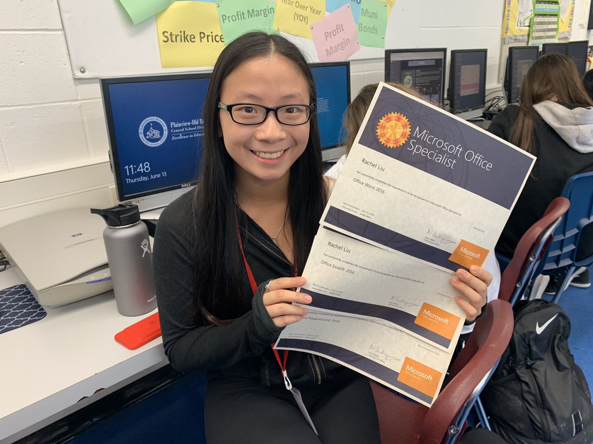 A P.O.B. FIRST!  I’m proud to announce that my student Rachel Liu passed the Microsoft Office Specialist Exams. She is now certified in <a href="/Microsoft/">Microsoft</a> Word, PowerPoint and Excel.  <a href="/POBJFK/">POBJFKHS</a> <a href="/PobJfkBusiness/">POBJFK Business Department</a> <a href="/POBSchools/">POB Schools</a> <a href="/MsG_Farrell/">Gina Farrell</a> <a href="/mrstortoso/">Catherine Tortoso</a>