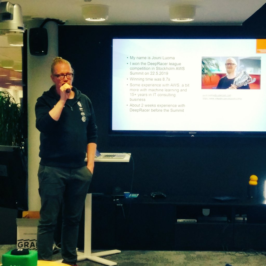 psiniemi's tweet image. .@jouniluoma with the tale of how he won AWS DeepRacer competition in AWS Summit Stockholm. Great stuff! #awsfin #awsmeetup