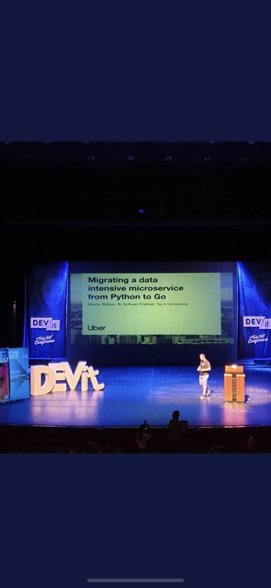 UberEng's tweet photo. Thanks to everyone who attended @devitconf earlier this week in Thessaloniki, Greece to hear our senior software engineer Nikolay Stoitsev talk about migrating microservices from Python to Go! https://t.co/rBfPz6BqE5