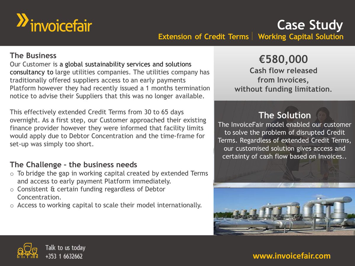 befinancefair's tweet image. In our Trade of the Week we look at the impact of disrupted Credit Terms and a flexible solution that was put in place quickly. Talk to us today +353 1 6632662.
@Sorcha_FinTech  #Workingcapitalsolutions