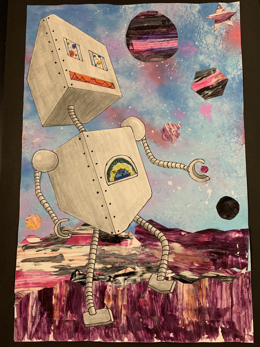 Hua_ArtEd's tweet photo. 2 point perspective robots in space by 7th grade! Nice job problem solving! These are top notch! #tmsrocks @HVArtsEd https://t.co/e4LvPL0r4w