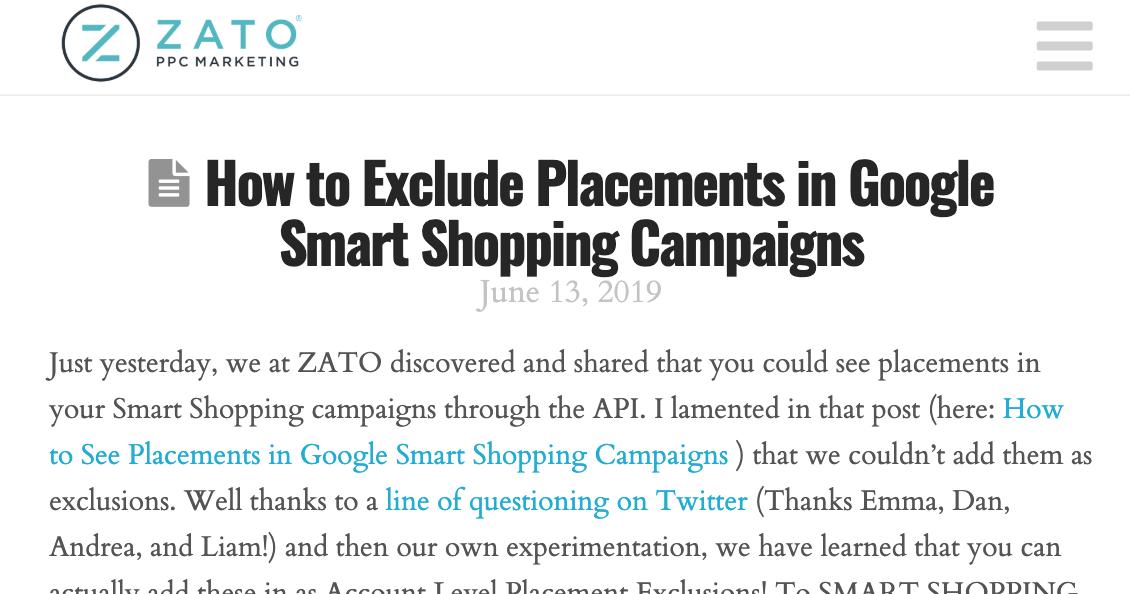 Day 2 of Huge Announcements for Smart Shopping campaigns…

Here is how you Exclude Placements (yes, actual exclusions) from Smart Shopping Campaigns. 

Thanks to friends on #ppcchat for pushing us to investigate and confirm this! 

Details: zatomarketing.com/blog/how-to-ex…