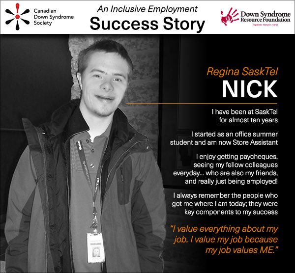 This Inclusive Employment story is all about gratefulness, and the rewards reaching beyond the workplace.  Read about Nick <a href="/SaskTel/">SaskTel</a> in Regina here: bit.ly/2ZlstTZ
Please SHARE!
#DownSyndrome 
#InclusiveEmployment
#SeeTheAbility
#DownSyndromeWorks
<a href="/dsrfcanada/">Down Syndrome Resource Foundation</a>