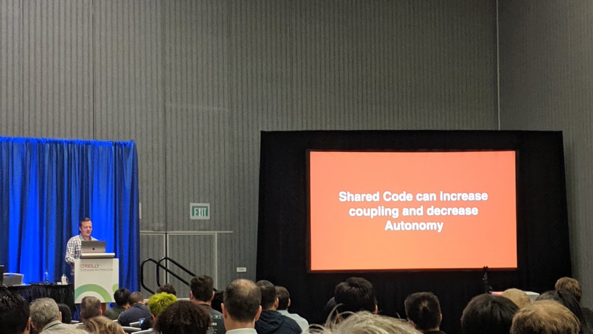 Great point from <a href="/svpember/">Steve Pember</a> for any of us that have run into the maintainability problems that come with shared microservices code at #OReillySACon
