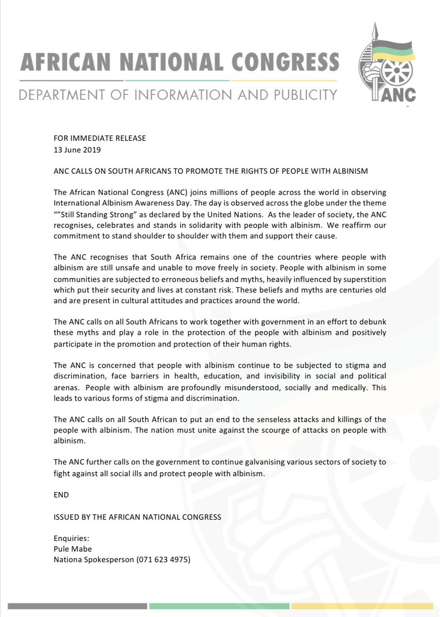 MYANC's tweet photo. ANC CALLS ON SOUTH AFRICANS TO PROMOTE THE RIGHTS OF PEOPLE WITH ALBINISM

#IAAD2019 https://t.co/xhEDflRCTo