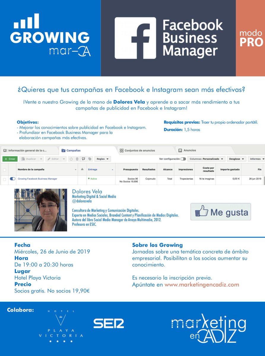 Tenemos  G R O W I N G  sobre #publicidad el 26 de junio en <a href="/palafoxhoteles/">Palafox Hoteles</a> 💪🏽🚀

<a href="/doloresvela/">Dolores Vela</a> nos va a enseñar a sacar el máximo rendimiento a nuestras #campañas en #Facebook e #Instagram 📊🤓📈

📝 IMPRESCINDIBLE confirmación en  marketingencadiz.com 

#MarketingEnCádiz