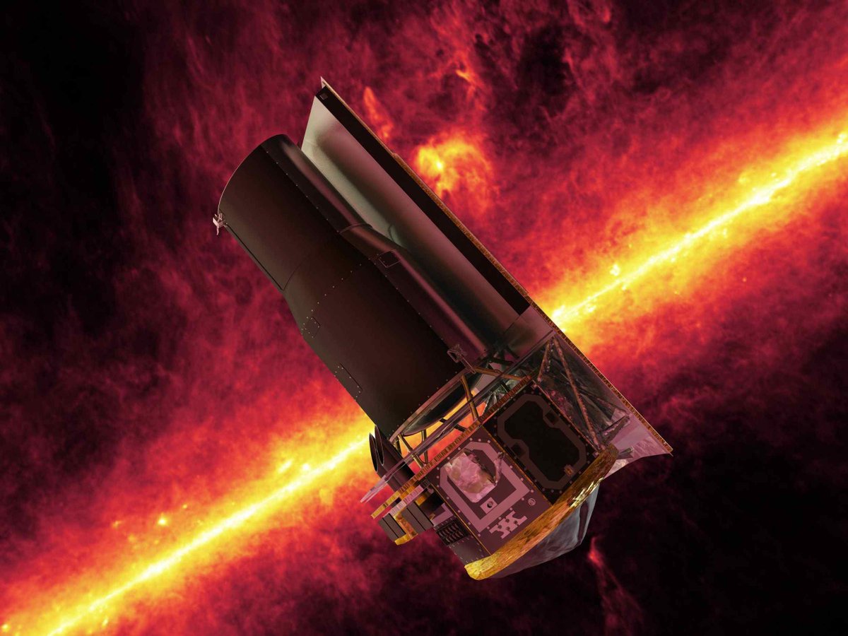 An illustration of the Spitzer Space Telescope in space with infrared light.