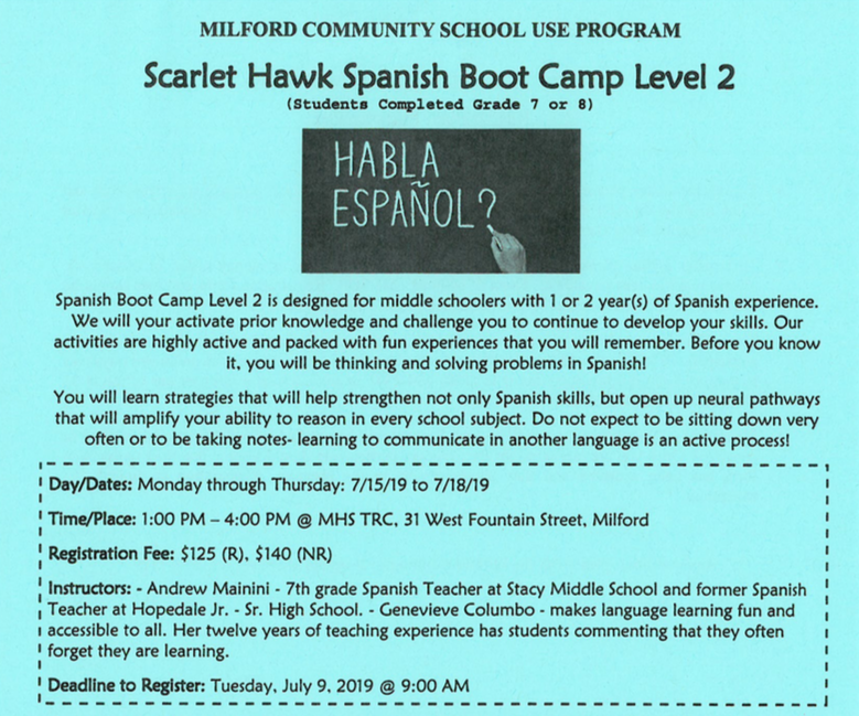 AMaininiMPS's tweet photo. Check out these cool opportunities to develop your Spanish language skills during the summer! No work, just fun in Spanish! Visit https://t.co/W0eUoENYUE to register. ¡Nos vemos pronto! @MilfordSchools @StacyMiddle66 @MoskwaSenorita @RRICKMemorial @SrtaPalmucci @MilfordCSUP https://t.co/N5kvrlItfy