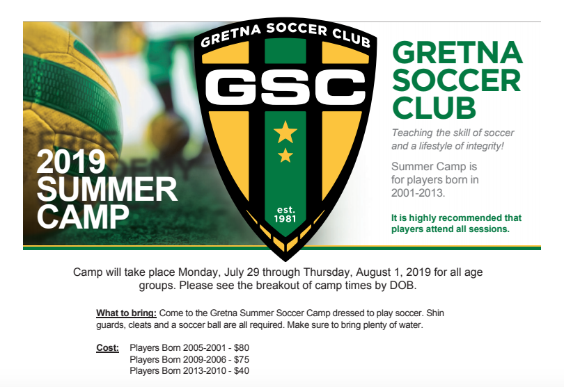 GretnaEliteAcad's tweet photo. Looking to play MORE soccer? Join us for the GSC Summer Camp!
📆 July 29th - August 1st, 2019
📍 Gretna Sports Complex
⚽ Players born 2001-2013
Check out the link for specific dates/times and to get registered: https://t.co/sPbAwL95cU
#GSCWay #GSCVision https://t.co/xJdlPcVIBW