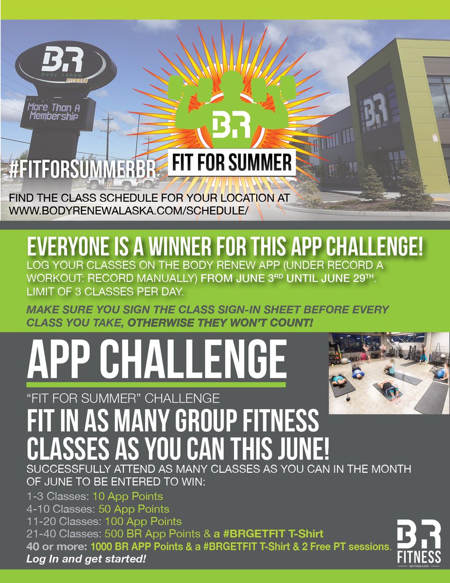 BodyRenewAK's tweet photo. Get fit this summer with Body Renew's App Challenge! Fit in as many classes as you can during  June to win prizes! Everyone's a winner this month, so hurry and get to class. 

Login and get started: https://t.co/RaDDlY1B9G

#BodyRenewAlaska #AppChallenge #FitForSummerBR https://t.co/WDlHXRwnb0