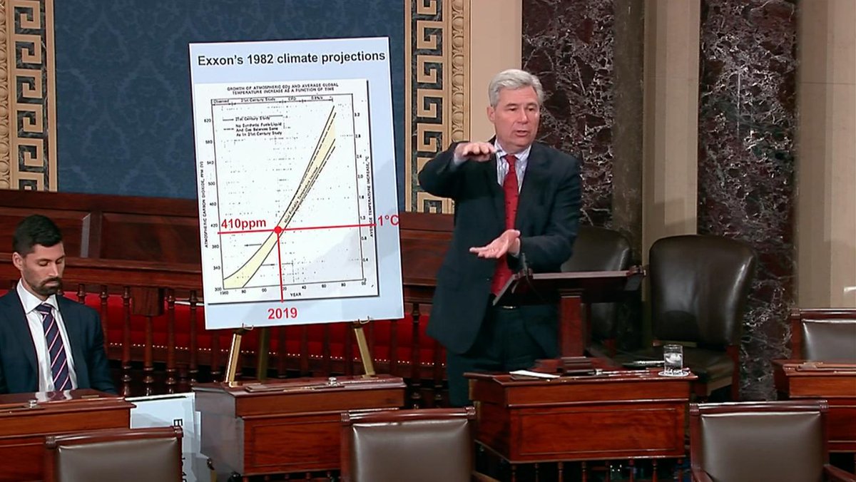 Damning history lesson <a href="/SenWhitehouse/">Sheldon Whitehouse</a>:"Exxon scientists almost perfectly predicted in 1982 how fossil fuel burning would warm the world. What did management do? They set out on a campaign to sow false doubt. They knew it would cause 'great irreversible harm'. They did it anyway."