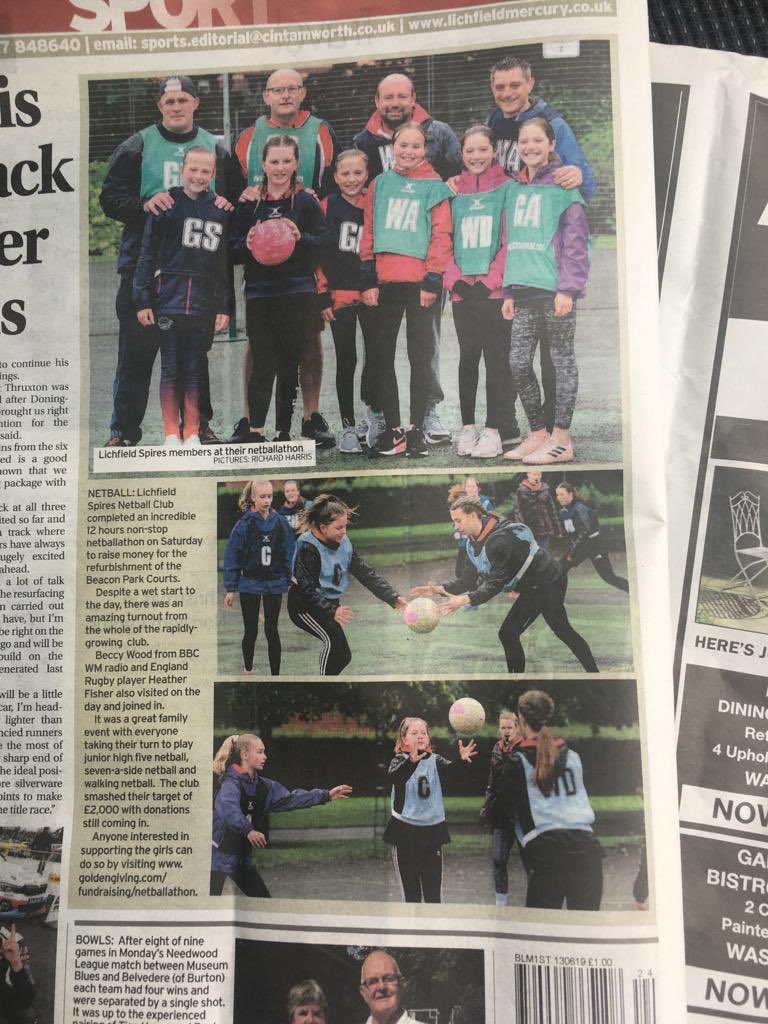 LichfieldSpires's tweet photo. No #netballathon spam for two days but now we’ve made it onto the back page of the @LichMercury it’s time to start again! So thankful to be in such a fantastic community that everyone supports... sponsor page still open! #netball #netballathon #lichfield #lichfieldspires https://t.co/TCO1atIamf