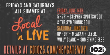 Local 'n Live continues this weekend! #RockLocal on the <a href="/heygateway/">Gateway</a> beer garden before heading down to Pride! 

See you there!