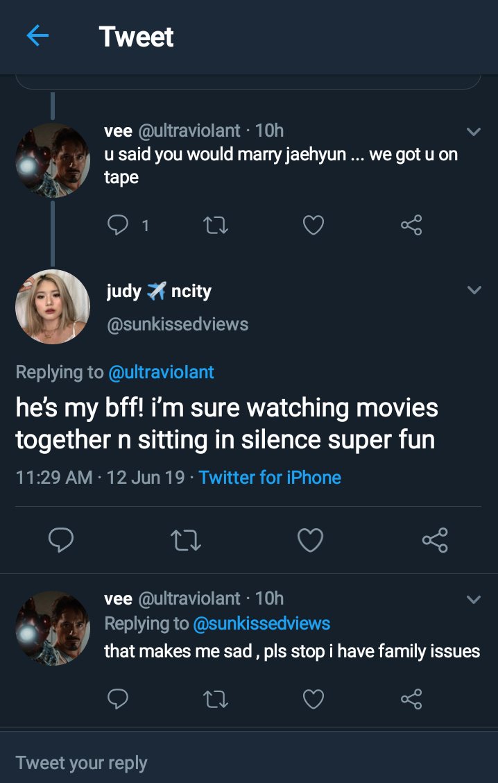 oh but it's fine because she's suddenly not married to jaehyun, they're just Besties :D (also the fact that I was in a gc with the person she replied to... let's just act like that whole gc didn't hate her )