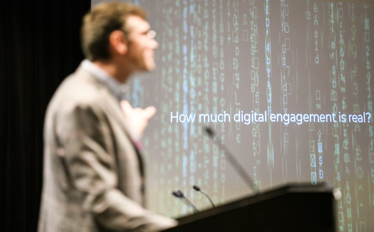 kelly_memphis's tweet photo. What’s the solution to the alarming amount of social media fraud (fake users, disinformation, etc)? While there isn’t a clear solution yet, keynote @MattHindman expects state attorney generals will play a major role in investigating &amp; combatting the problem.  #DMAS19 #StateGR https://t.co/ZSIQYuuCJZ