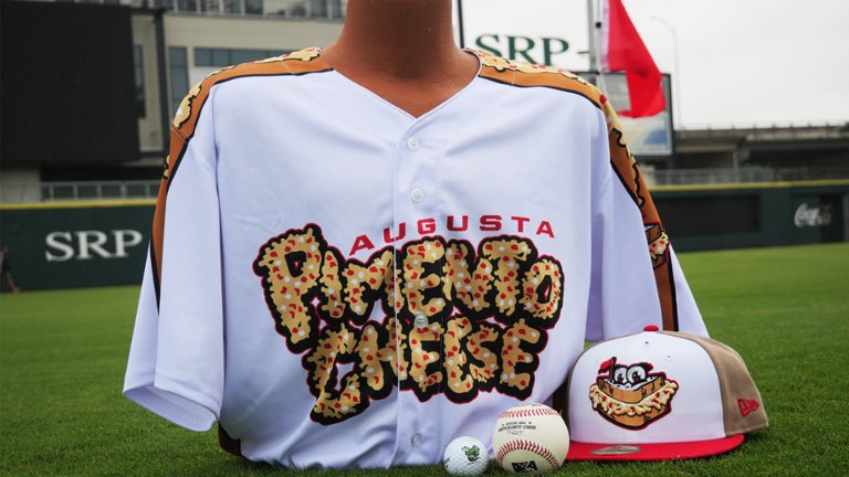 MiLBPromos's tweet photo. You saw the teasers. Who called the Augusta Pimento Cheese??

Yes, that hat is 🔥🔥. But those Pimento racing stripes on the jerseys are everything

It all goes down at the @GreenJackets August 3. Get your tickets &amp; Merch now https://t.co/lf6dCYMnFo https://t.co/bDNNIGH78c