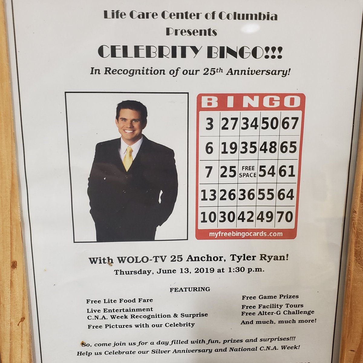 tylerryan's tweet photo. Hosting Celebrity Bingo at Life Care Center...can't wait to meet some of the residents! #hostwithmost. @abc_columbia @clairerich_news @CurtisWilson275 https://t.co/B94PBgo3HT