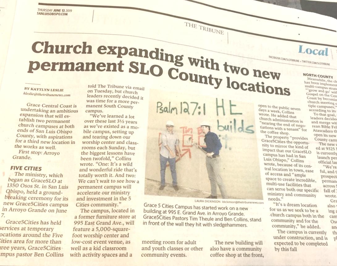 Did you see this article in today’s Tribune?  How cool is that?  We give thanks to God for all the ways He’s working among us as we help people find & follow Jesus!   It’s His mission!   

#findandfollow  
#wearegracecentralcoast