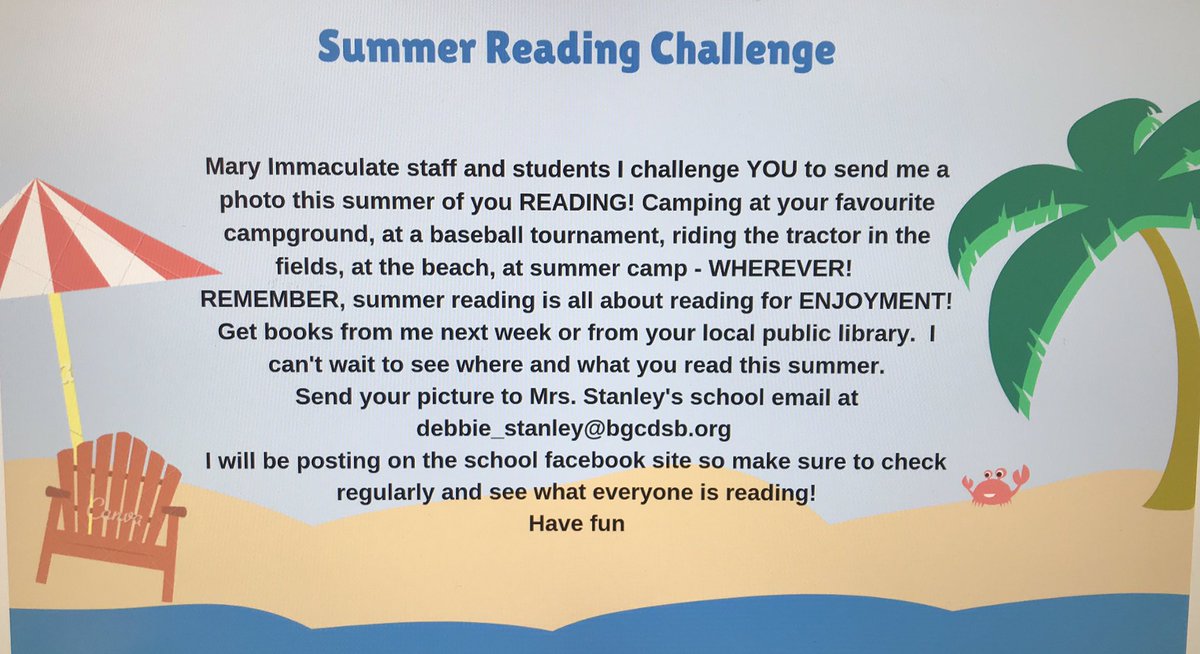 artdeb29931's tweet photo. The countdown is on. Accept Mrs. Stanley’s Summer Reading Challenge. Watch our social media pages to see where and what your friends are reading! #stoptheslide #micsshines @BGCDSB https://t.co/fxajEad6xS