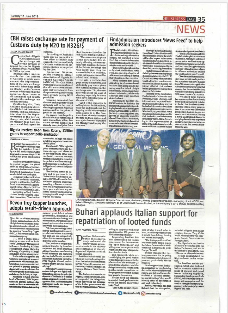 DTroyCopper's tweet image. Have you read the news today? Gracias @BusinessDayNg #ResultsDrivenApproach #DTCWay