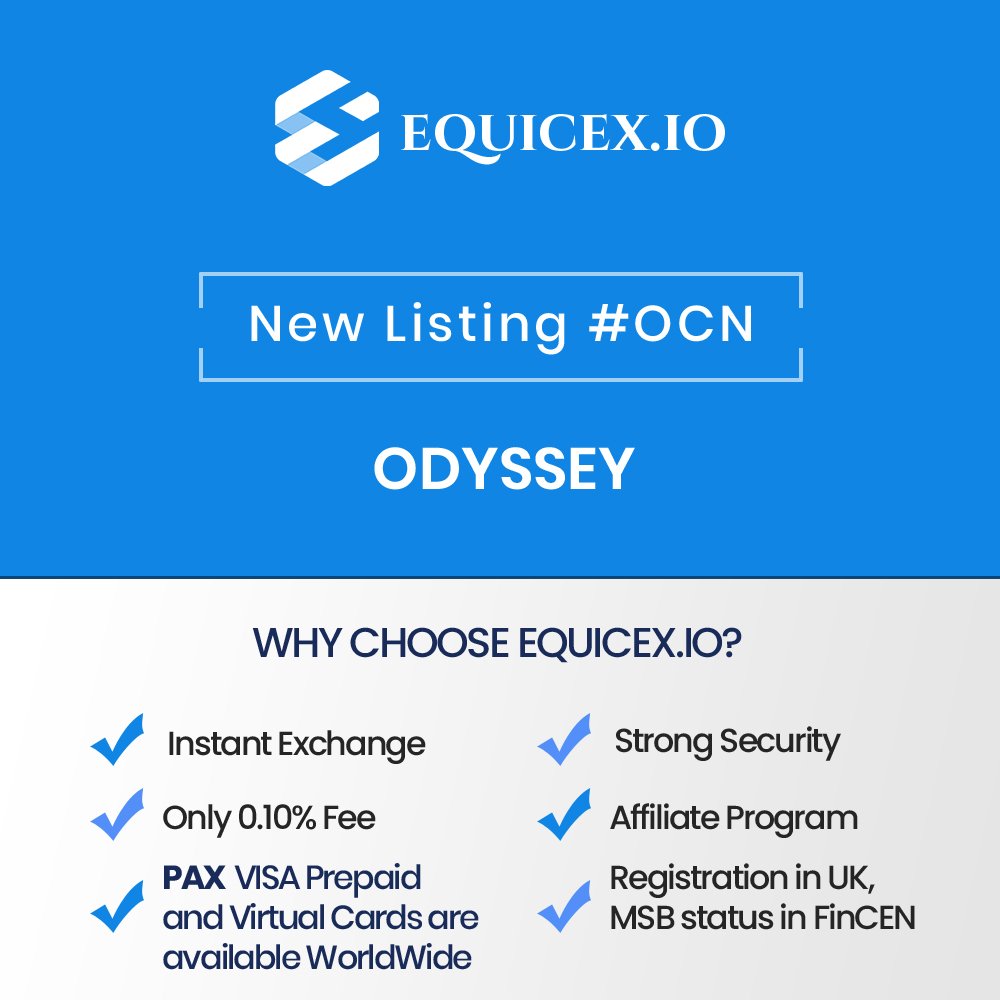 David Miller (@davidmillerbtc) on Twitter photo #Odyssey will be listed Monday 17.06.2019 on #Equicex Exchange. Prepaid Visa Card and Virtual Card deposits will be enabled at 12:00 BST. Get your free Visa card from @equicexgroup <a href="/OdysseyOCN/">Odyssey (OCN) Official Channel</a> #bitcoin #virtualcard #prepaidcard #blackcard $ocnx #Odyssey will be listed Monday 17.06.2019 on #Equicex Exchange. Prepaid Visa Card and Virtual Card deposits will be enabled at 12:00 BST. Get your free Visa card from @equicexgroup <a href="/OdysseyOCN/">Odyssey (OCN) Official Channel</a> #bitcoin #virtualcard #prepaidcard #blackcard $ocnx