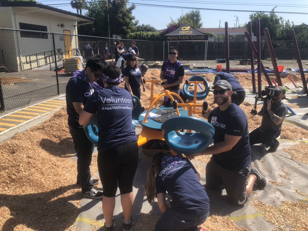 alphaschools's tweet photo. The new kindergarten playground build is well underway! Thank you to @abbvie @Pharmacyclics and @kaBOOM for making all this possible! #playmatters #abbviegivesback #alphaps https://t.co/wDhVRim9QZ