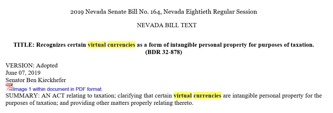 propelforward's tweet photo. #Nevada passes SB 164; classifies some #virtualcurrency assets as intangible personal property and "exempt from taxation" in the state; includes definitions of "public #blockchain" "state of the public blockchain” “Unaffiliated computers or machines.” Let's dive in. /1 https://t.co/f6Q3qcLggs